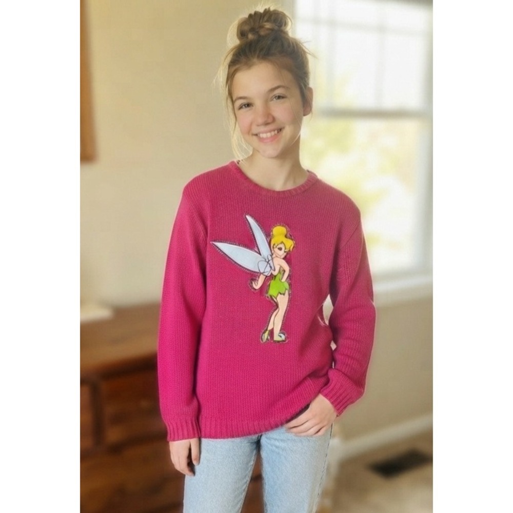 Disney Store‎ Sweater Girls Large Pink Tinker Bell Patch Peter Pan Fairy Y2K